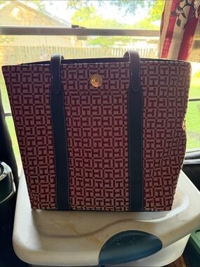 Tommy Hilfiger Burgundy Patterned Canvas Tote with Blue Trim